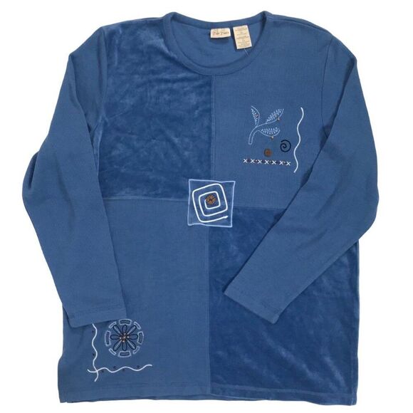 Vintage 90s Blue Embroidered Patchwork Bohemian Oversized Long Sleeve Top / XL - Picture 5 of 8